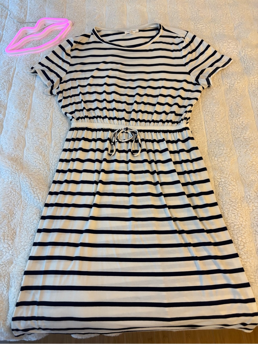 Espresso Navy and White Striped Casual Drawstring Waist Dress